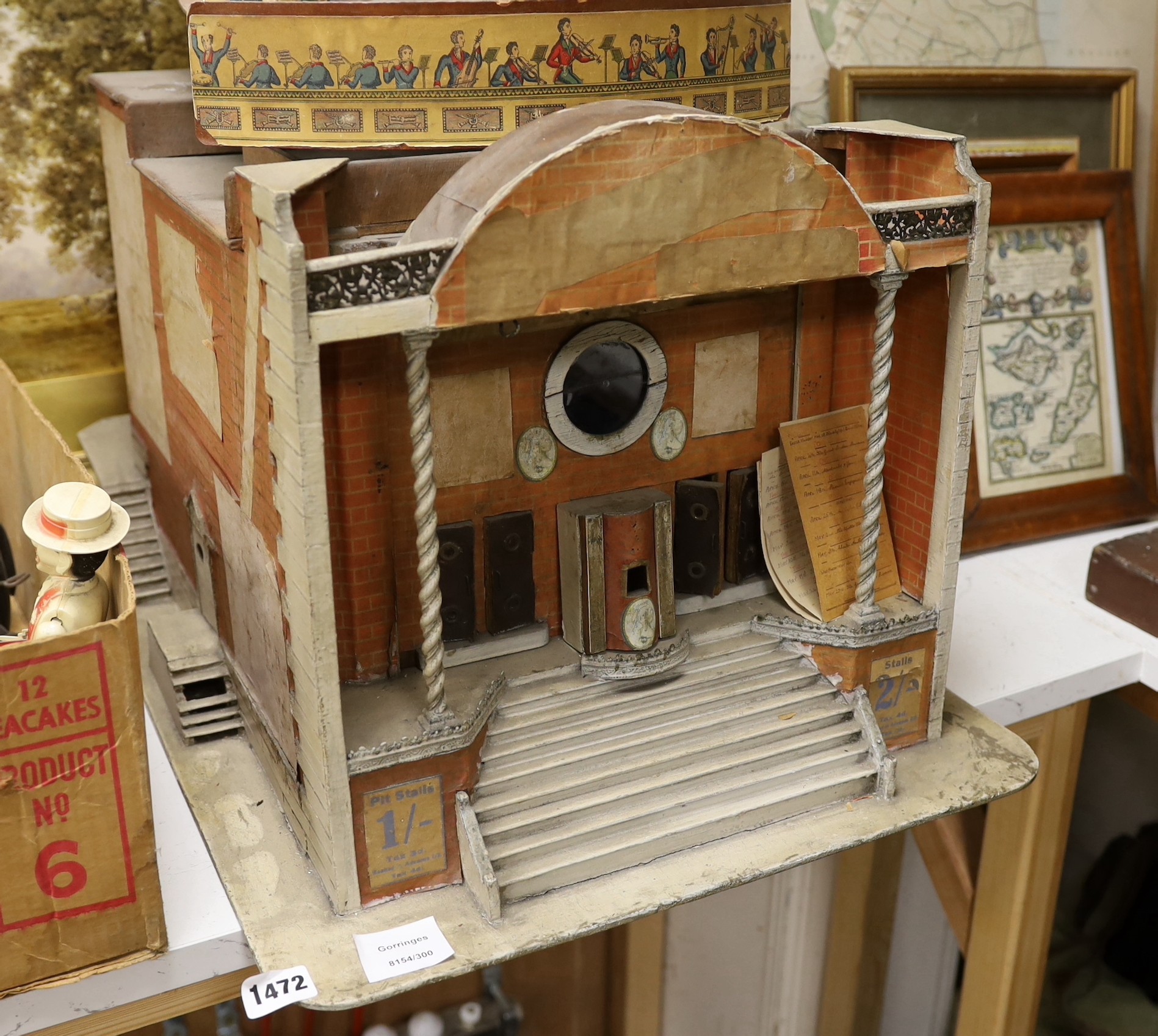 A scratch built model theatre building, 43 x 37cm, together with an interior stage